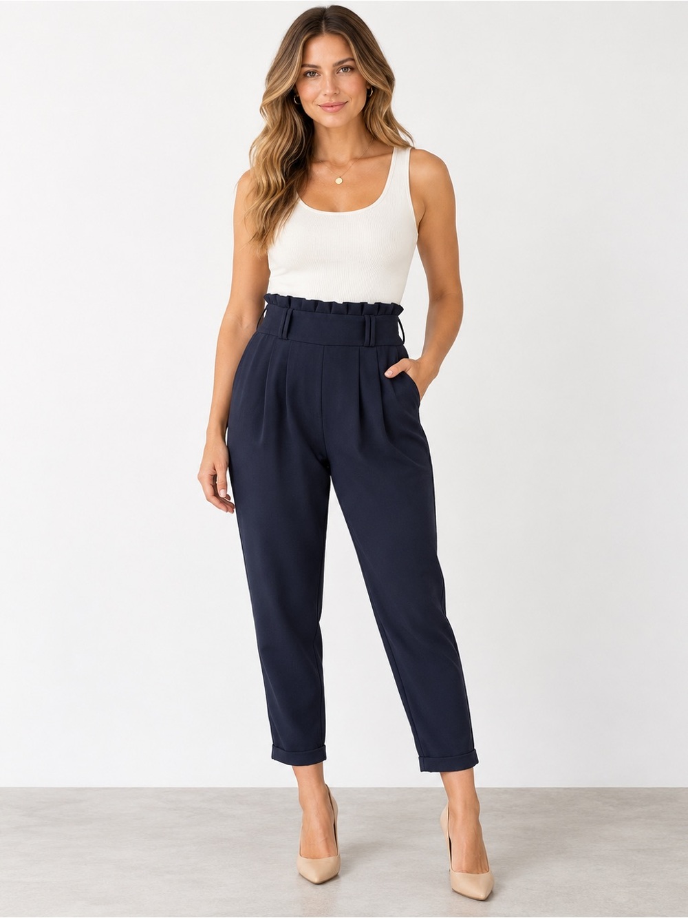 Zara Navy Paperbag Waist Ankle Trousers Size XS Minimalist Business Casual